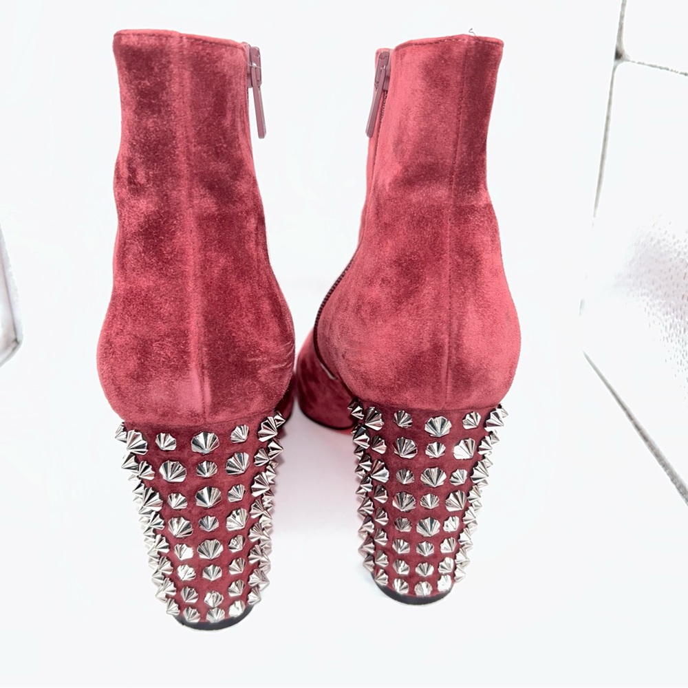 Christian Louboutin Suzi Folk 85 Prunus Red Suede Spike Ankle Heel Bootie - Picture 3 of 9
